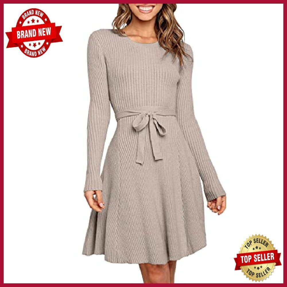 Long Sleeve Midi Dress Ribbed Knit Tie Waist Bodycon Fall Casual - Picture 2 of 8